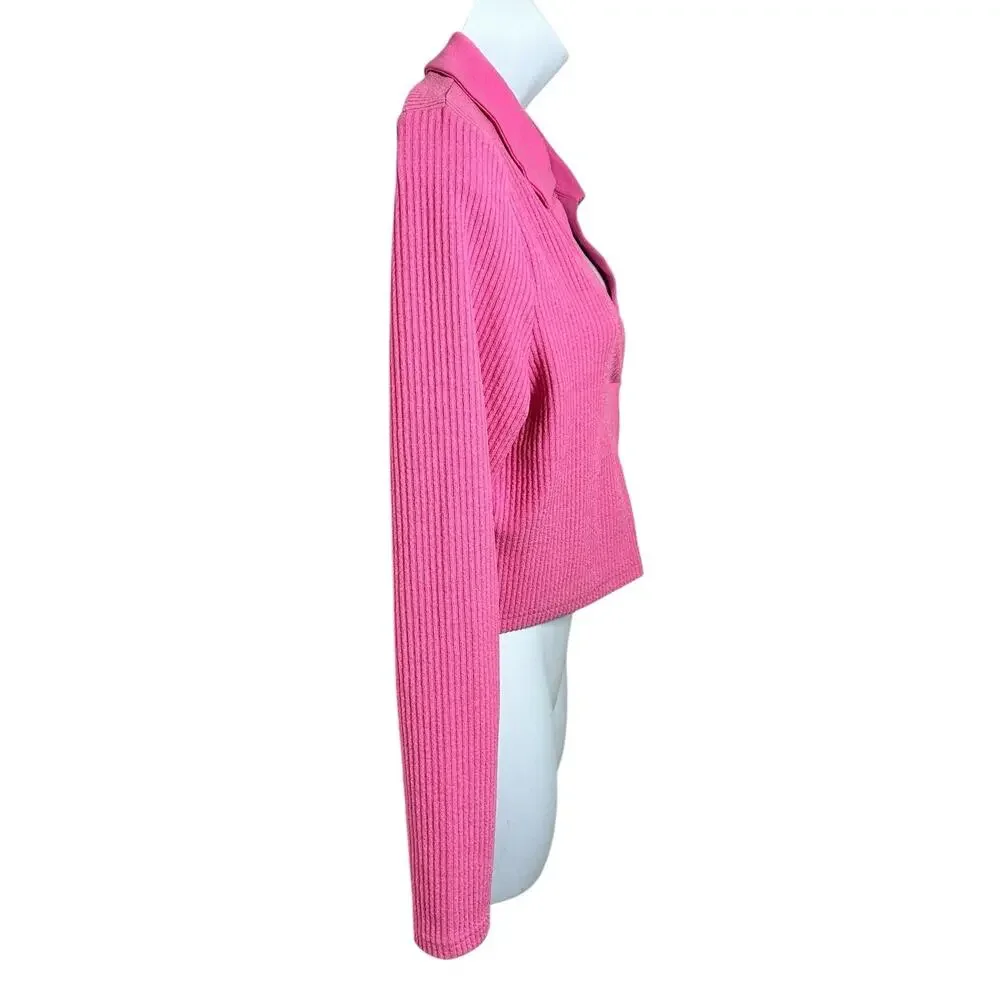 Divided H&M Pink Collared Ribbed Top Sz Large Long-Sleeve Crop Blouse Coquette - Picture 5 of 7